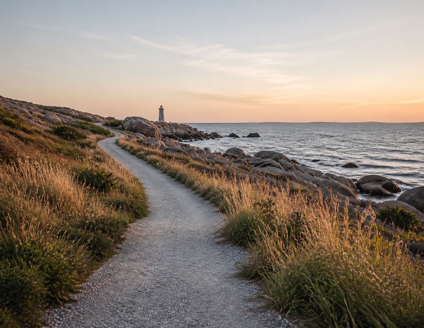 A coastal path leading toward a lighthouse